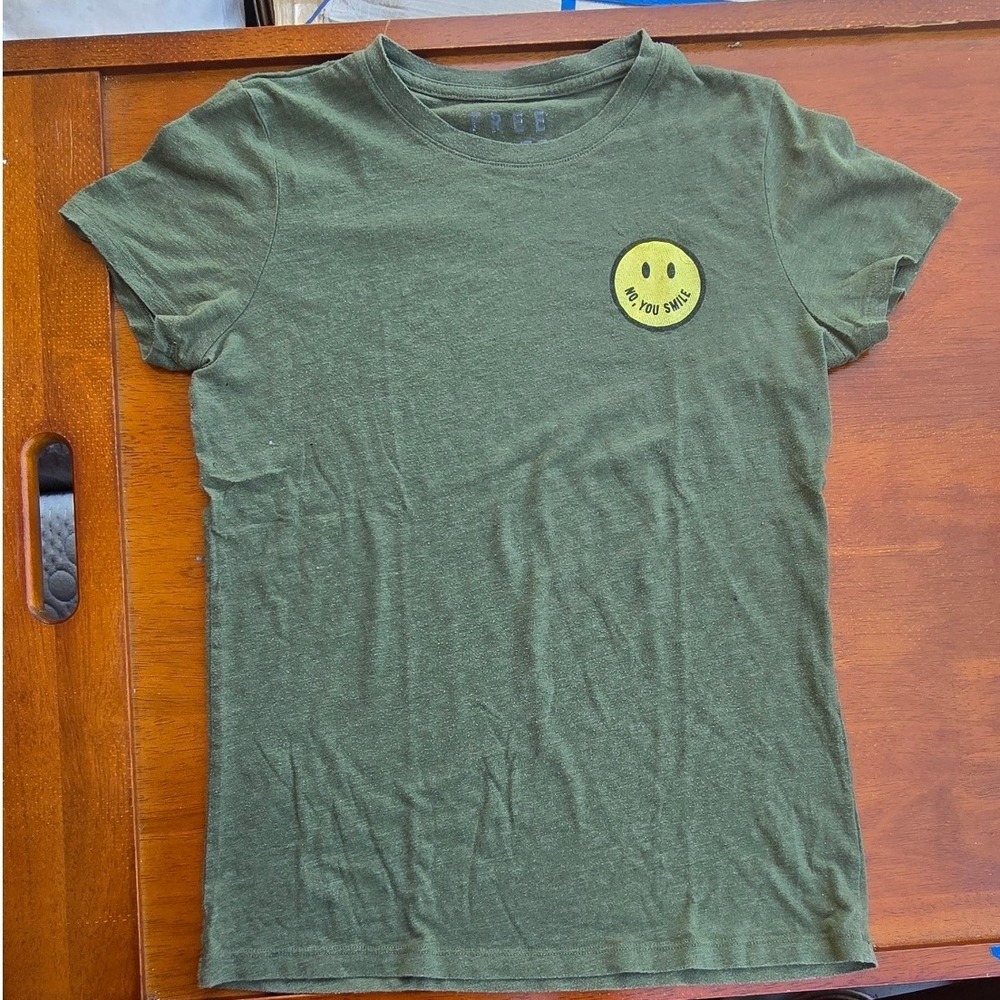Free State Womens Olive Green No You Smile Smiley Face Graphic T-Shirt Size L